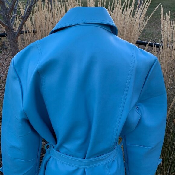Vintage 60s 70s Faux Leather Trench Coat Belted Light Blue Overcoat - Picture 7 of 14
